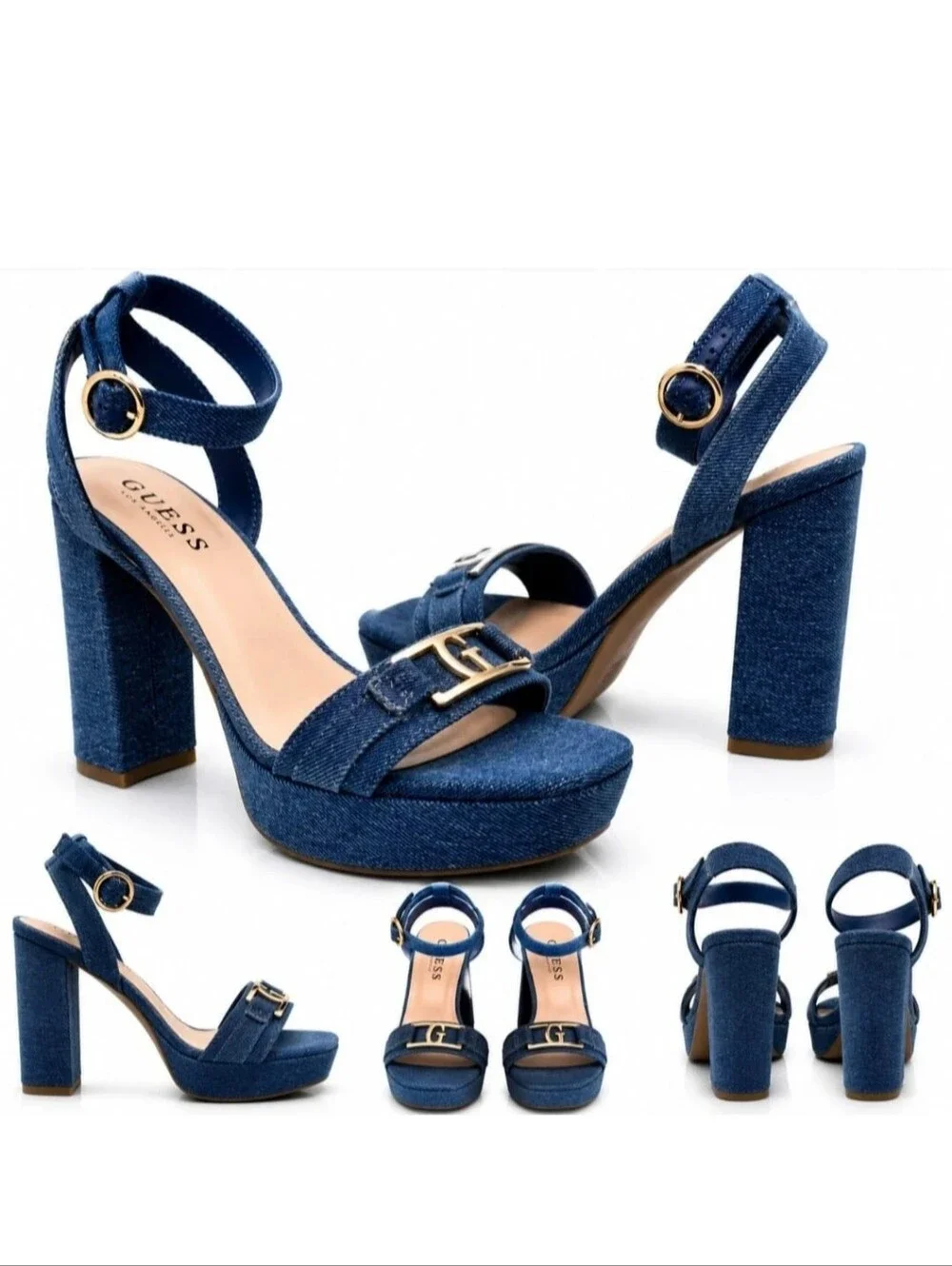 GUESS Denim Platform Sandals in Blue with Gold Buckles